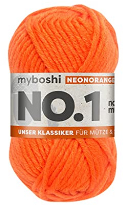 myboshi No.1 Wolle zum Häkeln und Stricken, Schnellstrickgarn, langlebige Mützenwolle, Strickwolle, Häkelwolle, mulesing-frei, 50g, Ll 55m Neonorange, 1 Knäuel