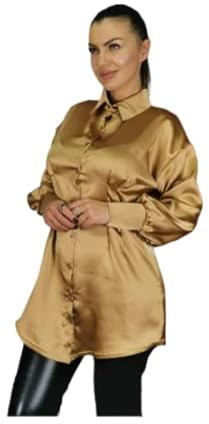 Women/Girls Long Satin Skirt Long Sleeves Long Tops Shirts Blouse Dresses (L GLD) Gold