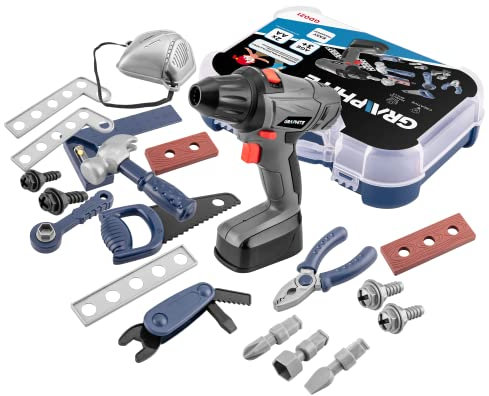 GRAPHITE Kinder-Werkzeugkoffer 25 Teile ab 3 Jahren; DIY-Spielzeug; batteriebetriebener Schraubendreher; Ratsche für Steckschlüssel, Schrauben, Muttern oder Bits; Geschenk für Kinders