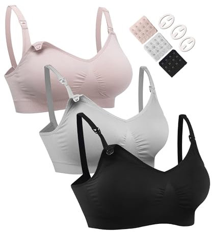 HOFISH 3PACK Full Bust Seamless Nursing Bras Maternity Bras For Easy Breastfeeding 3Pack Black,Grey ,Elegant Pink Large
