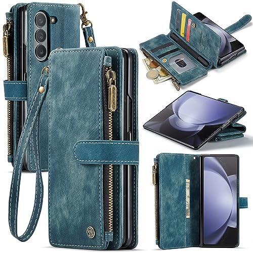 UEEBAI Wallet Case for Samsung Galaxy Z Fold 5 5G, Premium Handmade PU Leather Phone Case Card Slots Magnetic Closure Zipper Pocket Kickstand Flip Case with Hand Strap - Blue