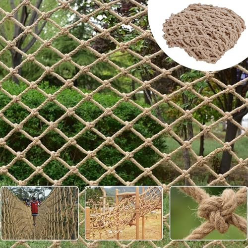 Safety Hemp Rope Net Kids Climbing Safety Netting Children Balcony Stairs Fence Railing Garden Playground Protection Heavy Duty Tree House Indoor&Outdoor Decor Rope Net 8mm/8cm 3.3x16.4ft(1x5m)