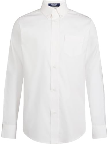 Izod Boys' Long Sleeve Solid Button-Down Collared Oxford Shirt with Chest Pocket, Classic White, 10-12 Husky