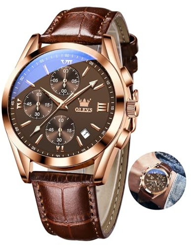 OLEVS Braun Uhr Herren Analog Kleid Vintage Roségold Gehäuse Herren Armbanduhr mit Datum Großes Zifferblatt Herrenuhren Lederarmband Wasserdicht Uhren für Männer Leuchtend Chronograph Geschenke