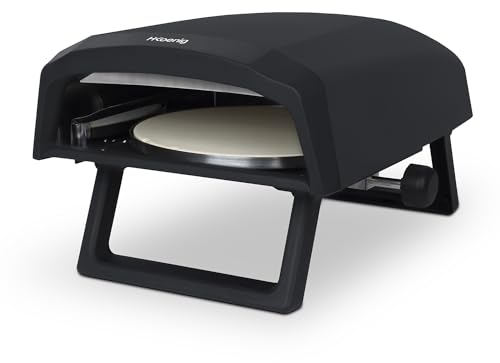 H.Koenig Horno de pizza a gas GINO640, acero inoxidable, 32 cm, superficie giratoria 360 grados, piedra Cordierite, hasta 500°C, pies plegables, pala para pizza y regulador
