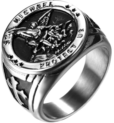 Flongo Saint Michael sigillring för män: Guld silver religiös ring amulett helig Michael rostfritt stål beskyddare smycken signnet ring religion rund retro band gåva storlek från 57 till 71, 65 mm