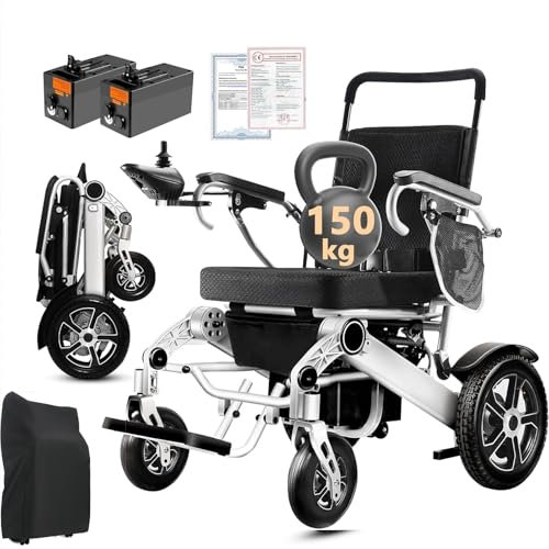 WEYRAL Sedia a rotelle elettrica grigio argento, capacità di carico 150 kg, con controllo posteriore, 2 batterie al litio da 12 Ah, design a doppia batteria, per tutti i terreni, per anziani e