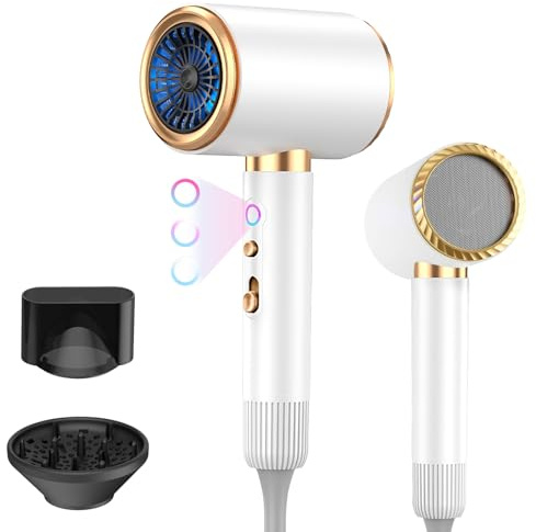 Bizcasa Secadores de pelo Profesional, 2400W Secador de Pelo Ionico, 3 Temperaturas/2 Velocidades, Secado Rápido, Frío/Calor Botón, con Concentradora y Difusor, para familias y el salón (Blanco)