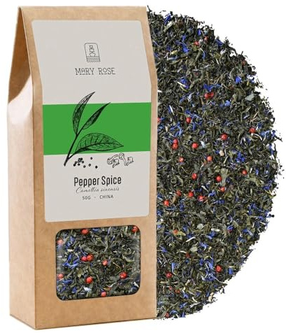 Mary Rose Grüntee Pepper Spice | Grüntee Yunnan | China-Tee | Originelle Kombination aus Tee, Gewürzen und Kräutern | Roter Pfeffer, Minze | Teeinquelle | Natürliche Stimulation | 50g