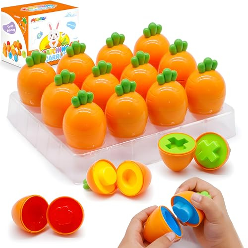 MOONTOY Zanahoria Juguetes de Huevos, 12 Pcs Juguete Huevos Colores Clasificación, Puzzle Juegos Montessori 1 2 3 años Juegos, Educativos Geométricos para Niños y Niñas Cumpleaños Regalo de Pascua
