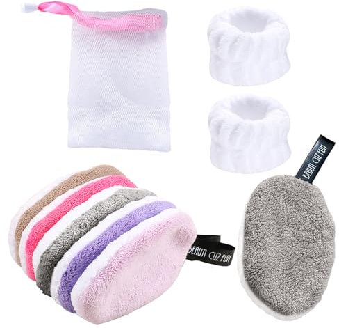 SPOKKI 5Pcs Cotons Démaquillants Lavables + 2Pcs Bracelets de Lavage de Visage, Coton Demaquillant Reutilisable avec sac lavage maille, Pads Demaquillants Lavables Double Face pour Tous Types de Peau