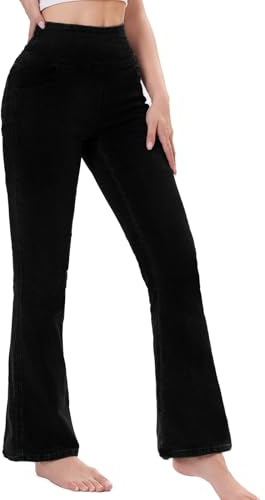 Chasehot Jean Femme Taille Elastique, Jeggings Taille Haute Bootcut avec Poches Flared Mode Slim Pantalon Denim Leggings Évasé Jambe Large Stretch,Noir-XL-29
