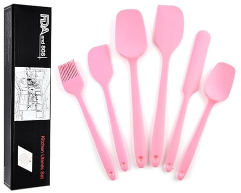 Set med 6 silikonspatlar, köksredskap, köksredskap i silikon, köksredskap och blandning, värmebeständiga, köksredskap i silikon (rosa)