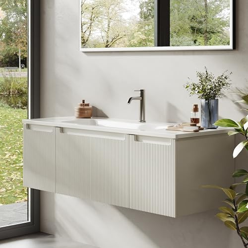 BRIDGE BENO Mobile lavabo sospeso 120 cm con lavabo in resina minerale, 1 cassetto e 2 ante, ultrasottile con chiusura ammortizzata, frontale scanalato, per bagno grande, Bianco Opaco