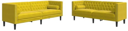 vidaXL Set de sofás Chesterfield y Cojines 2 pzas Terciopelo Amarillo, sofá, sillón de TV, sillón de Descanso, Asiento, sofá de Relax