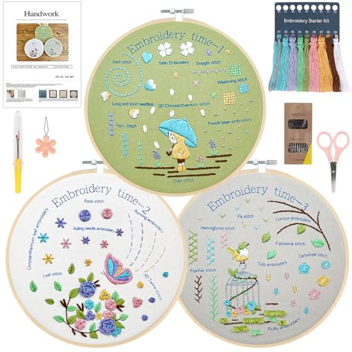 OWill 3 Pcs Embroidery Kit for Beginners, Classic Stitch Practice Cross Stitch Kits with Threads, Needles, Hoops and Instruction for Adults, Kids & Craft G-ifts