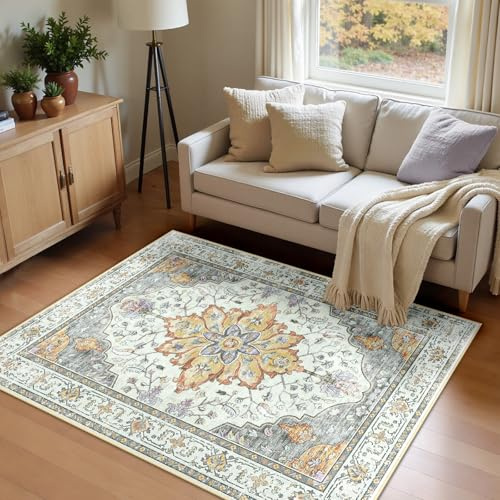 INOVADAY Vintage Waschbarer Teppich Wohnzimmer 120x180 cm Boho Kurzflor rutschfest Teppich Weich Teppiche mit Druckmuster für Schlafzimmer, Esszimmer, Büro Gelb/Grau/Orange/Lila