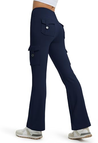 Libin Pantalones Cargo Térmicos Mujer Invierno Corte CampanaYoga Sports Leggings Impermeable Térmicos Senderismo Montaña Esquí Deportivos Trabajo Bootcut Chándal con Bolsillos 29, Azul Marino, L