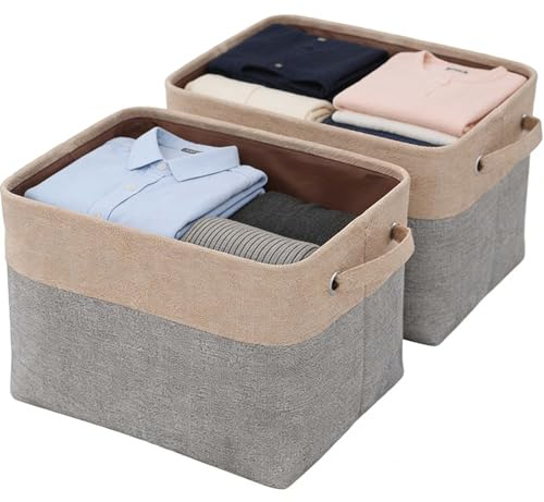YueXing Storage Baskets with Handles 2-Pack, 25L Collapsible Linen-Look Fabric Organizer Bin for Clothes, Home ,Personalised Dog Toy Cat Box for Toys, Brown & Grey,38x28x24cm