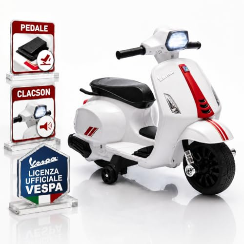 TOYSCAR Moto Elettrica Bambini Mini Vespa Elettrica per Bambini 18-36 Mesi, Moto per Bambini 6V con Licenza Ufficiale Piaggio, Luci LED, Clacson, Pedale, Ruote Stabilizzatrici (Bianca)