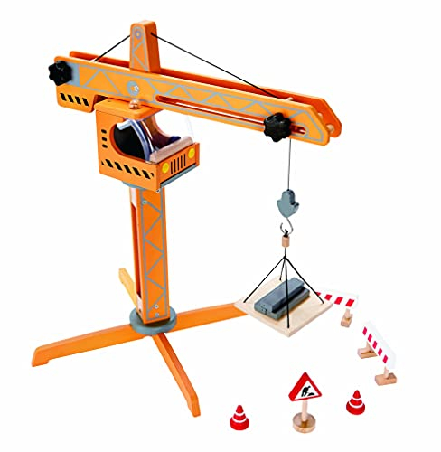 Hape Großer Baukran – Holz Baukran Spielset mit Zubehör & Absperrungen, Kranfahrzeug für Rollenspiel und Baustelle, ab 3 Jahren