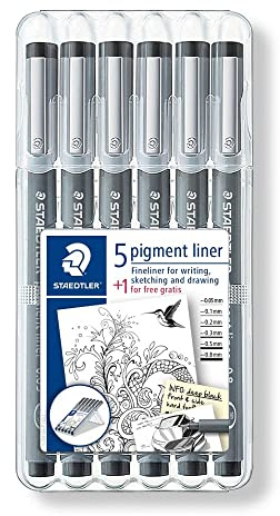 STAEDTLER Fineliner Set pigment liner, 6 Linienbreiten, hohe Qualität, Pigmenttinte, dokumentenecht, lichtbeständig, schwarz, 5 Fineliner und 1 Stück gratis, 308 SB6P1