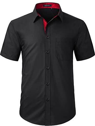 HISDERN Chemise Noire à Manches Courtes pour Homme décontractée d'été Chemise Classique à Coupe régulière avec Poches, Noir-3,M