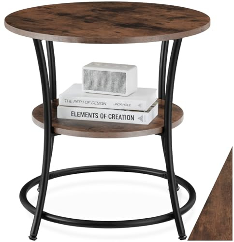 tectake® Mesa Auxiliar Redonda Estilo Industrial con Estante, Mesa de Centro Salon, Mesita Auxiliar, Muebles de Salon, Decoracion Hogar - 55 x 55 x 56 cm Madera Industrial Oscura, Rústica