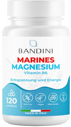 Bandini® Marine Magnesium und Vitamin B6 | Hoher Gehalt an marinem Magnesiumoxid: 200 mg Magnesium und 1,4 mg B6 | Für Nervensystem, Müdigkeit | 120 Kapseln | 1 Kapsel/Tag für 4 Monate Versorgung