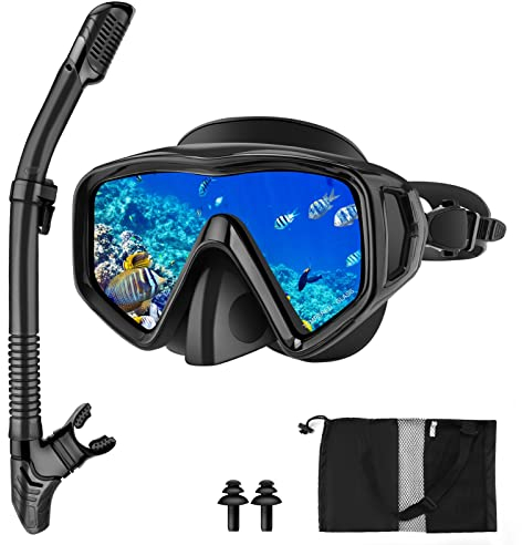 Nigecue Schnorchelset Erwachsene, Schnorcheln Set mit Taucherbrille und Dry Schnorchel, Anti-Leck Anti-Fog Tauchmaske aus Gehärtetem Glas für Schnorcheln, Schwimmen und Tauchen