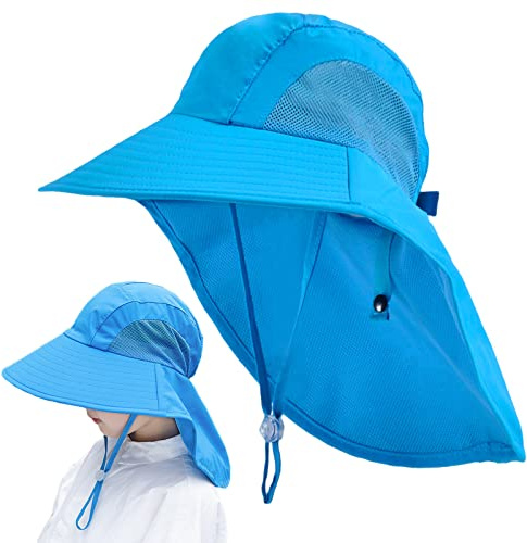 Enfants Chapeau de Soleil avec Large Bord 5-13 ans Fille Garçon Chapeau de Cou Protection Anti-UV Chapeau Bonnet UPF50+ Eté Casquette de Visière Respirant Séchage Rapide Chapeau de Plage Cyclisme