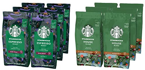 Starbucks House Blend Café Molido De Tostado Medio 6 Bolsa de 200g & Espresso Dark Roast Café De Grano Entero De Tostado Intenso 6 Bolsa de 200g