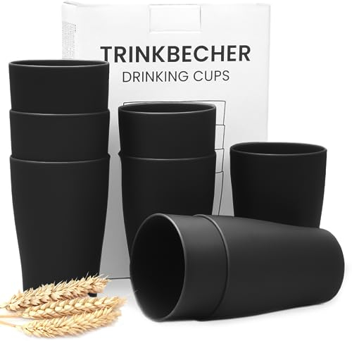 Bugucat Trinkbecher 8 er 280 ML, Wiederverwendbare Kaffeetassen Cup aus Gesunde PP, Unzerbrechlich Becher für Kaffee Tee Milch Saft Cola, Tassen Becher Set für Grillen Picknick Party, Schwarz