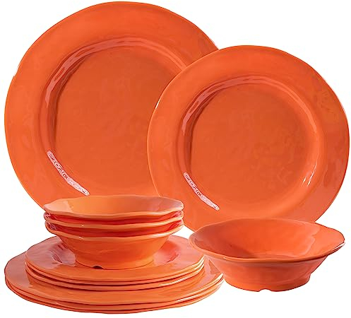 LEHAHA Juego de vajilla de melamina naranja de 12 piezas, platos de cocina, cuencos, juego de vajilla ligera e irrompible para 4, apto para lavavajillas y sin BPA
