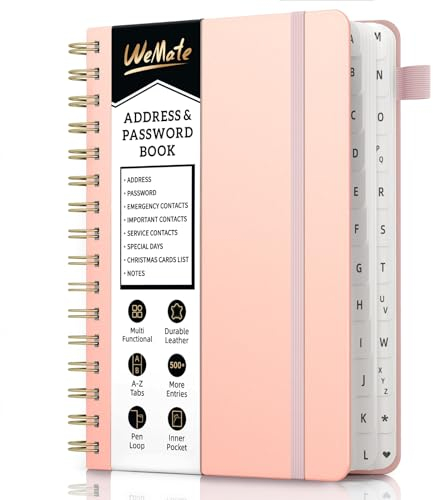 WEMATE Spiral-Adressbuch mit alphabetischen Tabs, Leder-Passwortbuch, Adress-Organizer, Telefon-Notizbuch, Tagebuch, Kontakte sicher halten, Hardcover, Großdruck, für Senioren, Heimbüro, 5,8″×8,2″