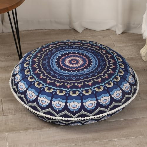 LOVMOC 32 Inch Round Floor Pillow for Adults, Large Thick Memory Foam Boho Mandala Meditation Floor Seating Cushion, Machine Washable for Living Room Outdoor Yoga Floor Sitting, Navy Blue