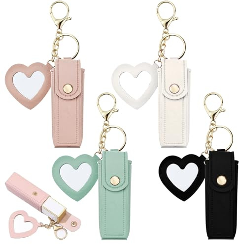 Arvintas 4 PACK PU Leather Potable Chapstick Holder Key Chain Bulk with Mirror, Lipstick Keychain, Lip Balm Organizer Holder Lipstick Travel Makeup Storage Case for Women Girls (Style 1)