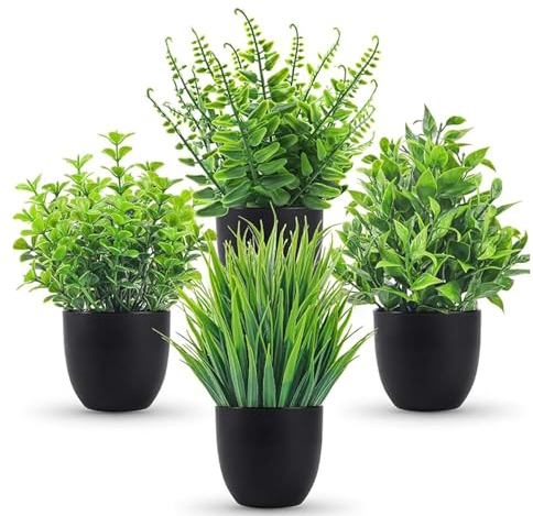 ASOENTIWOX 4 Stück Kunstpflanze mit Topf, Künstliche Plastik Pflanze Deko, Klein Fake Plant Topfpflanze Emulation Pflanze Künstlich für Schreibtisch, Haus, Balkon und Bad Dekoration