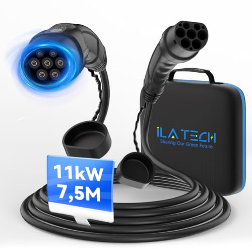 iLa Tech Typ 2 Laddkabel 11kW 7,5m 16A 3-fas för Elbilar EV/PHEV, Mennekes Mod3, Bärväska, Lämplig för Model 3/S/X/Y i3 Zoe ID.3 ID.4 E-Tron