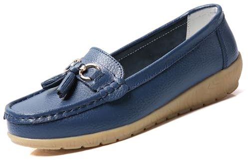 Womens Loafers Soft Leather Casual Walking Penny Flats Boat Moccasins Non-Slip Outdoor Driving Shoes for Ladies Comfortable Office Fashion Classic Lightweight Breathable Shoes Deep Blue