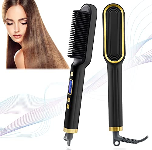 Hair Straightener Brush, Hair Straighteners for Women, Hot Brush for Women, Adjustable Temperature & Anti-Scald, Girl's Gift, Hair Tools for Styling (Black)