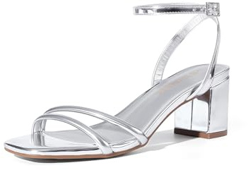 DREAM PAIRS Sandales à talons bas pour femme - Bout ouvert - Sangle de cheville - Confortables - Pour fête de mariage, Argenté, 38 EU