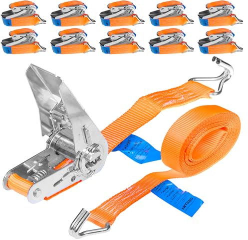 INTAKO Cinchas de Amarre con Carraca 4m 800kg 25mm, Eslingas de Carga (10 Piezas) - Cinta de Amarre con Trinquete Ideal para Motos, Cargas, Remolques