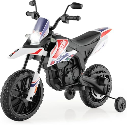FANTASK Motocicleta eléctrica para niños de 12 V, 5,5 – 6 km/h, con Ruedas estabilizadoras, música y Faros, Moto Negra y Blanca para niños de 3 a 8 años