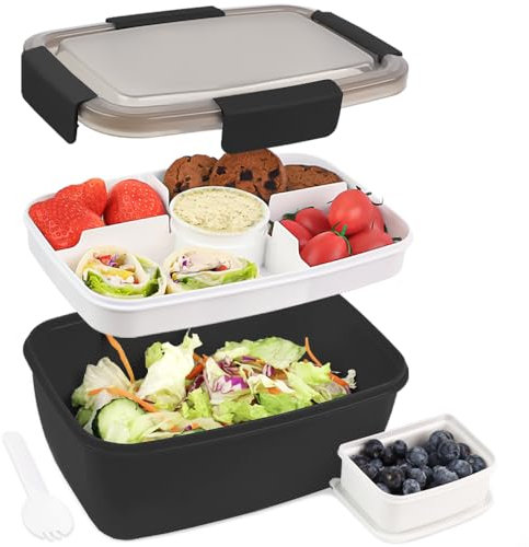 Bugucat Lunch Box 2000ML,Bento Box con Scatola di salsa, Porta Pranzo Scuola Pranzo Con Pratici Scomparti e Cucchiaio Microonde e Lavastoviglie Sicurezza Contenitore per insalata per Adulti