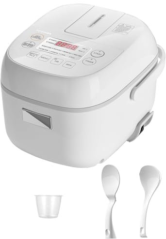 THEGA 3 Cups Uncooked Small Rice Cooker - Mini Rice Cooker, Steamer & Warmer, With Fuzzy Logic And One-Touch Cooking, 24 Hour Delay Timer And Auto Keep Warm Feature, White