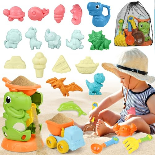 Ulikey Sandspielzeug Set, Sandkasten Strand Spielzeug Set in Wiederverwendbarer Netzbeutel, mit Dino Sand Formen und Spaten Schaufel, Wasser Spielzeug, Badespielzeug für Jungen und Mädchen