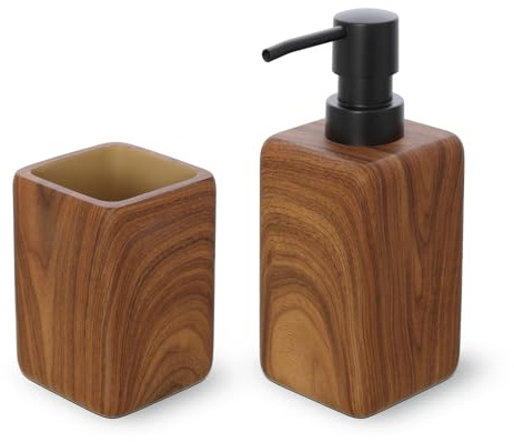 Inbagno Set Accessori Bagno 2 Pezzi con Dispenser Sapone Liquido E Bicchiere Porta Spazzolini in Poliresina Effetto Legno della Linea Radici