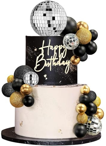 Palline Decorative per Torte, Discoteca Decorazioni Torta Compleanno, 32 Pcs Palline per Decorare Torte, Cake Topper Oro e Nero per Festa Compleanno, Matrimoni