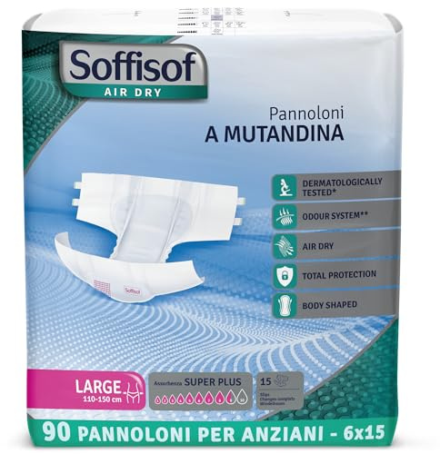 Soffisof Air Dry Couches Adultes Super Plus L - 90x Couche Adulte Incontinence - 6 Paquets de 15 Pièces Change Complet Adulte - Absorption 8.5 Gouttes - Taille L (110-150 cm)